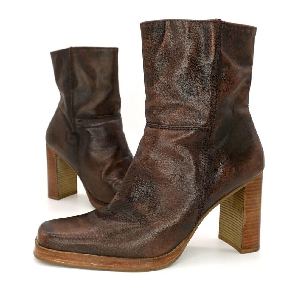 Vintage Y2K Candies Brown Square Toe Ankle Zip Platform Chunky Boots Women's 8M